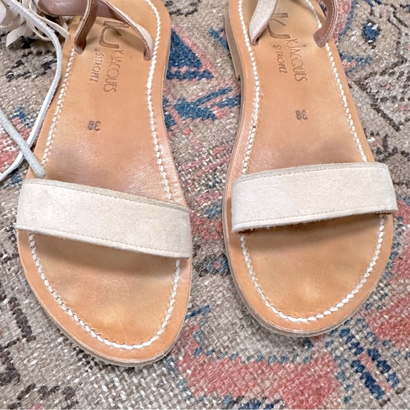 K. Jacques Saint Tropez Salambo Suede Fringe Cuff Flat Sandals 38 Nude Ankle Tie - Picture 4 of 12
